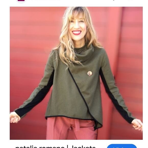 Natalia Romano Jacket Women's XS Olive Green Black Trim Asymmetrical Hem Career - Picture 2 of 12